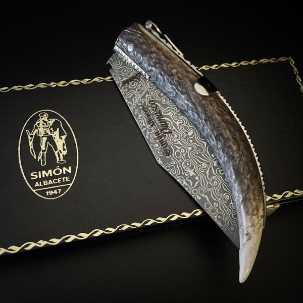 SIMÓN 20th "Damascus" Rustic Deer English Point Knife 10,5cm 011039