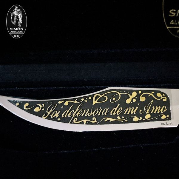 Navaja Antigua Albacete S.XIX "Soi Defensora de mi Amo" Toro SIMÓN Grabado Aguafuerte ORO 24K 007024