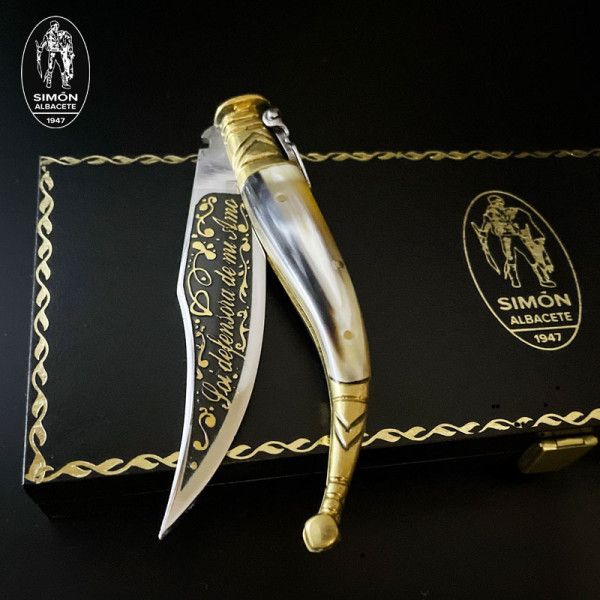 Navaja Antigua Albacete S.XIX "Soi Defensora de mi Amo" Toro SIMÓN Grabado Aguafuerte ORO 24K 007024