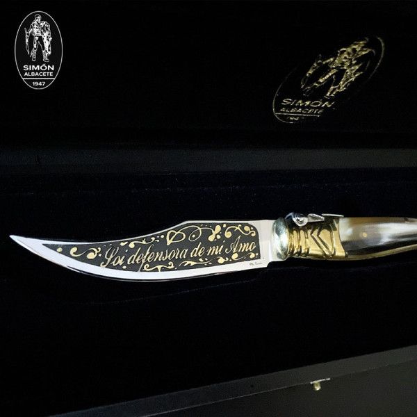 SIMÓN "Soi Defensora de mi Amo" 24K GOLD Acid Engraved 19th Bull Albacete Antique Knife 007024