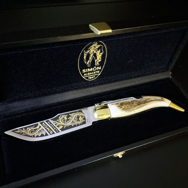 Navaja Clásica Albacete S.XX "Floral" Ciervo SIMÓN Grabado Aguafuerte ORO 24K 007016