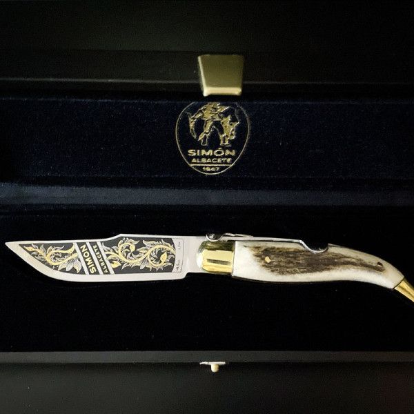 Navaja Clásica Albacete S.XX "Floral" Ciervo SIMÓN Grabado Aguafuerte ORO 24K 007016