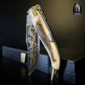 Navaja Clásica Albacete S.XX "Floral" Ciervo SIMÓN Grabado Aguafuerte ORO 24K 007016
