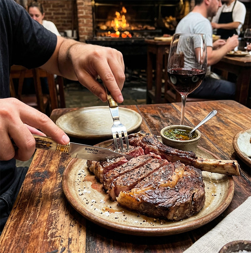 Diner using a matching Simón navaja-style knife and fork set on a wooden table with Wagyu meat.